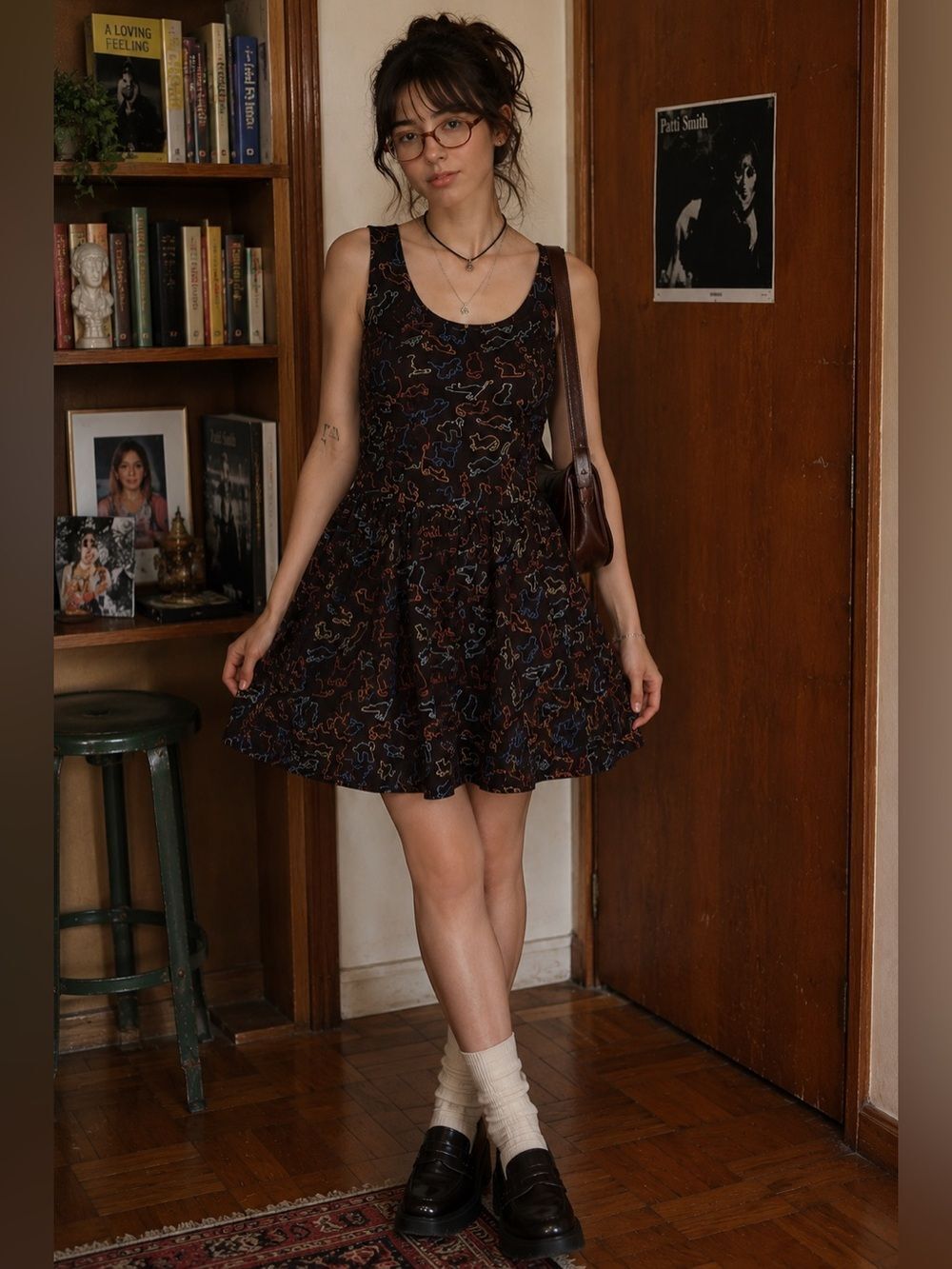 Modcloth Black Sleeveless A-Line Dress with Cat Outline Print Pockets Size Small